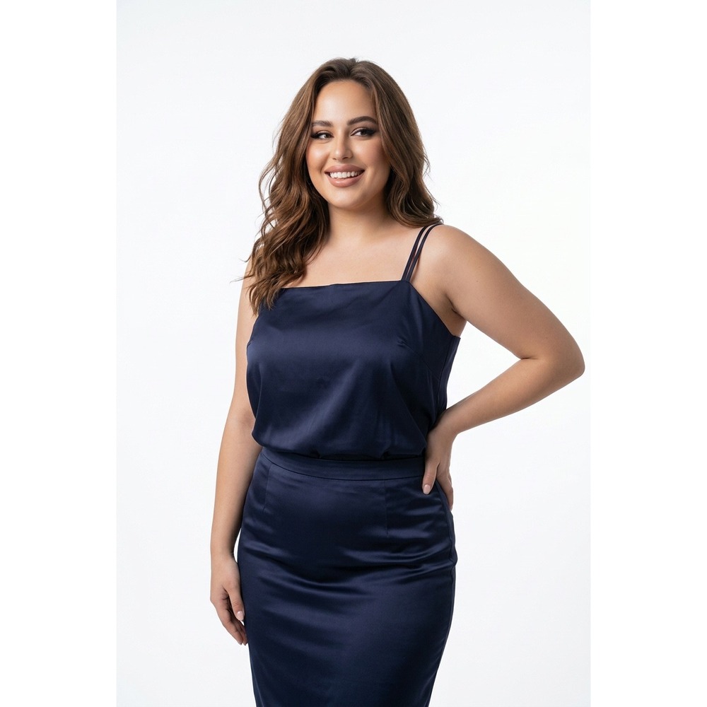 Navy Blue Satin Top Adjustable Spaghetti Straps‎ Blouse reversible two tone blue
